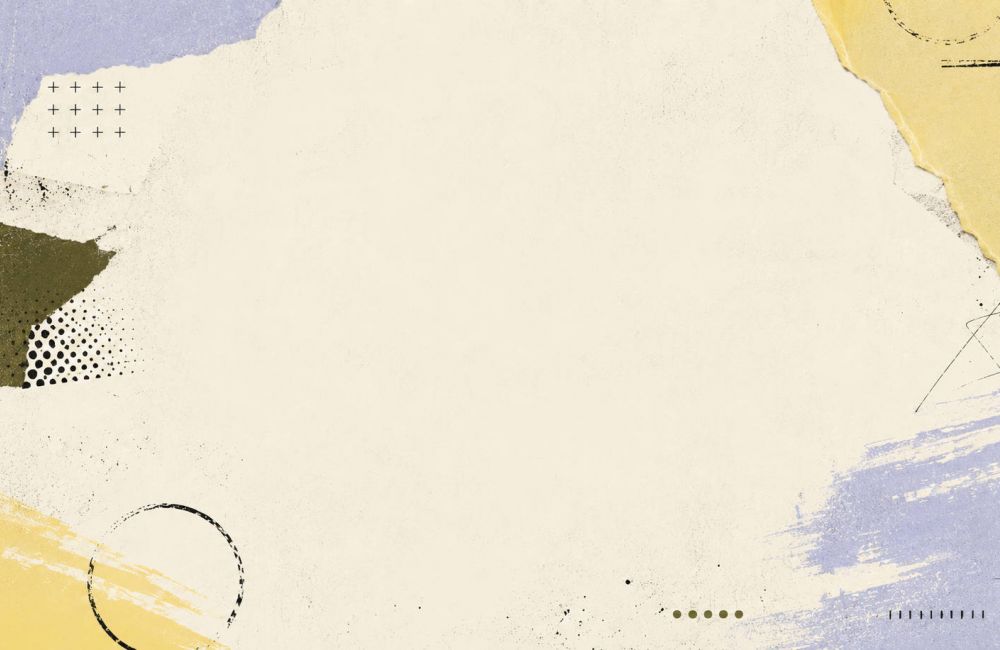 Abstract background with torn paper edges, pastel blue, yellow, and olive green shapes, and geometric doodles.