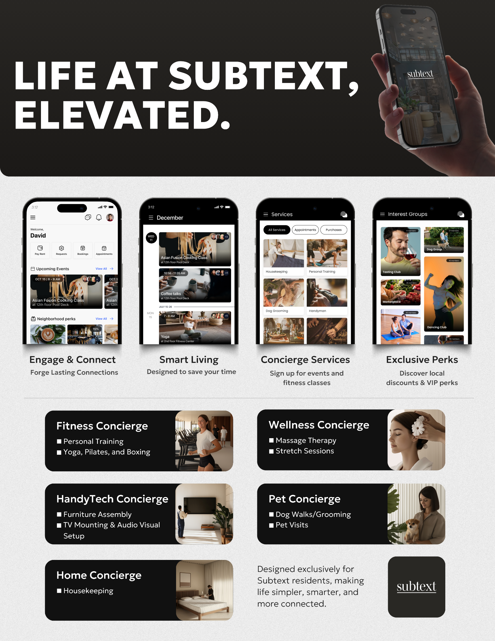 Subtext app features: resident connections, smart living, concierge, perks, and exclusive services like fitness, wellness, tech, pets, and home.
