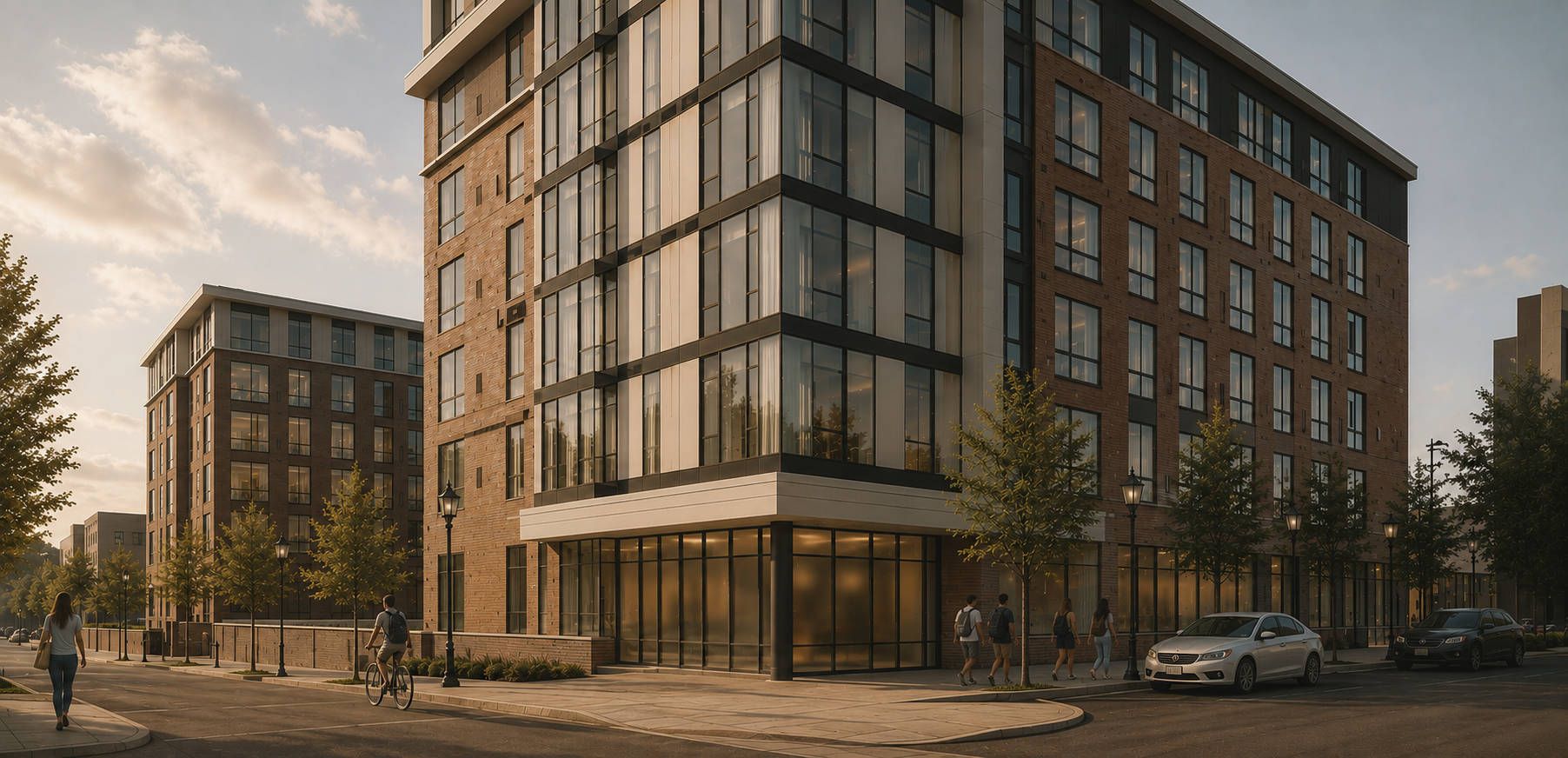 Updated exterior rendering of Chronicle on 8th showing the modern corner building, large windows, brick facade, and rebranded entry area.