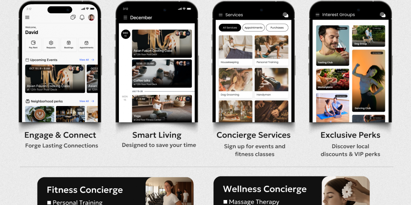 Subtext app features: resident connections, smart living, concierge, perks, and exclusive services like fitness, wellness, tech, pets, and home.