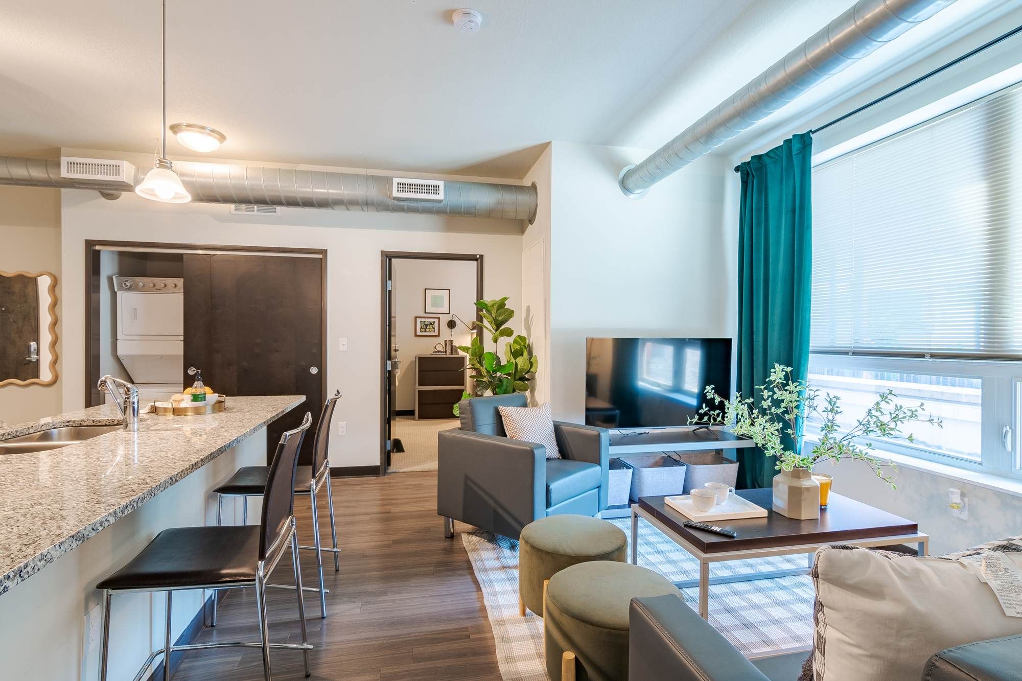 Modern open-concept apartment living room and kitchen at Chronicle on 8th featuring sleek finishes, large windows, contemporary furniture, and natural light.
