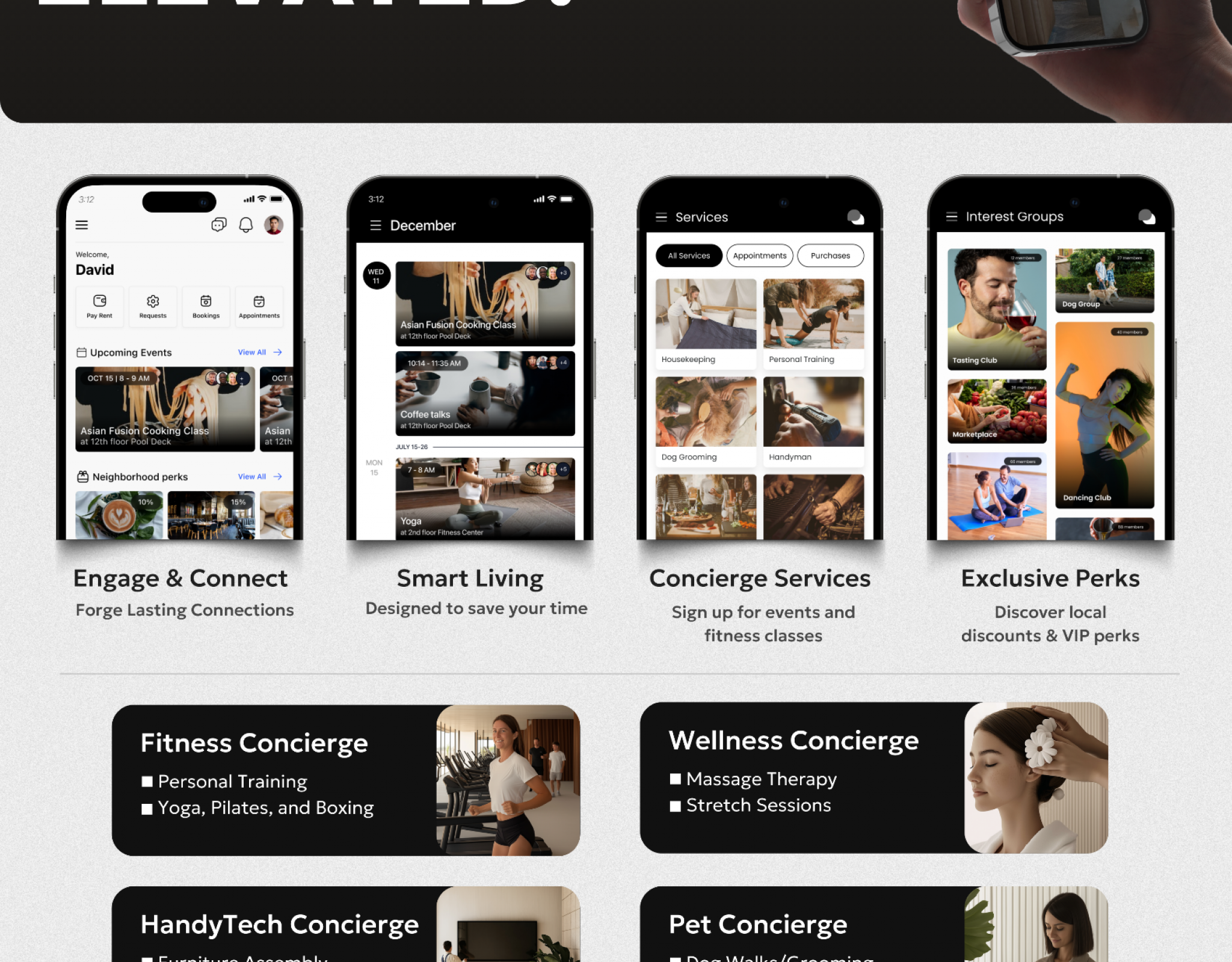 Subtext app features: resident connections, smart living, concierge, perks, and exclusive services like fitness, wellness, tech, pets, and home.